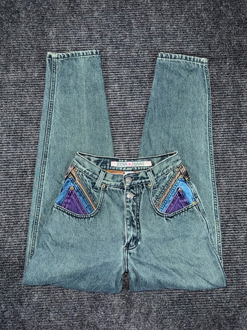 RARE VTG 90s Zena Color Block High Waist Taper Leg Green Mom Jean Sz 5 / 24x30.5